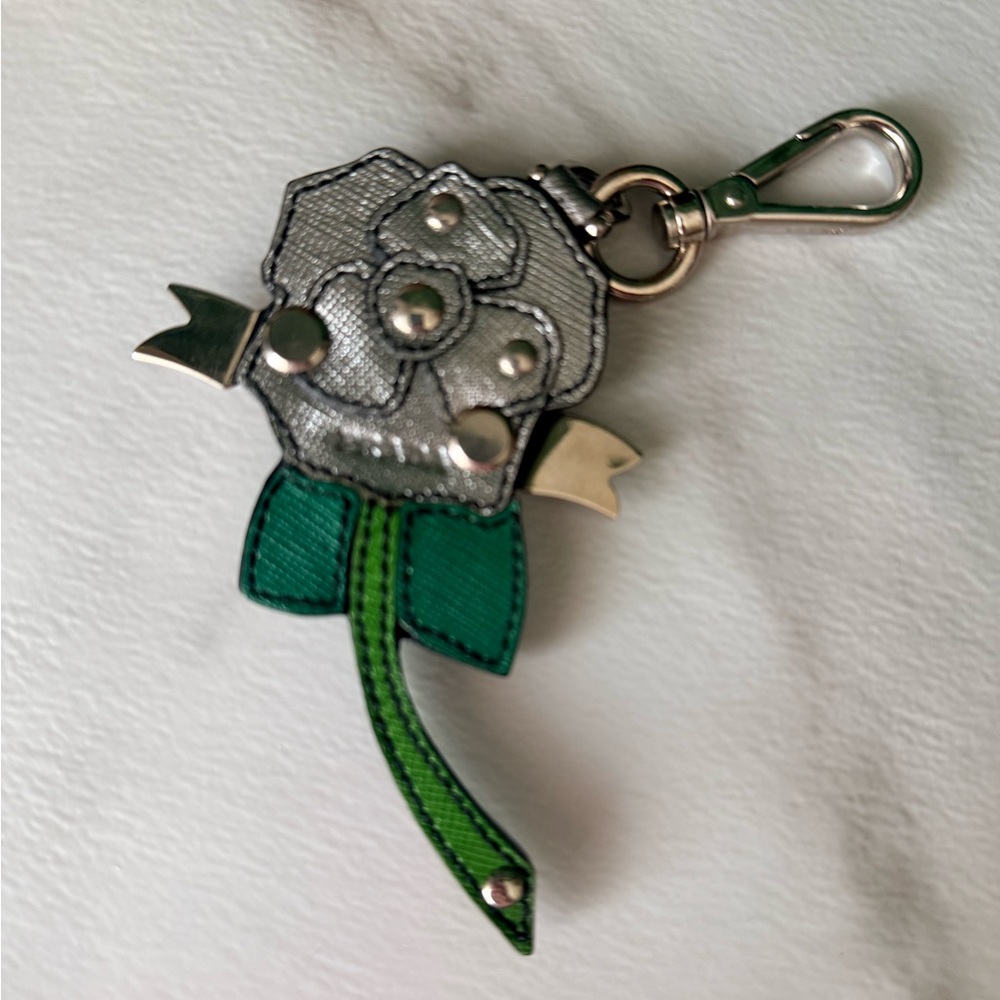 Prada Silver and Green Floral Bag Charm Authentic